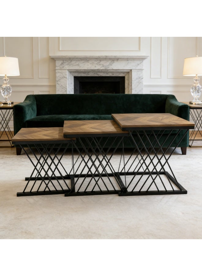 POWER 3PCS Nesting Coffee Table Set Space Saving Stackable Side Tables Living Room Sofa End Table Modern Compact Furniture for Bedroom Small Space Metal Frame Easy Assembly Brown Straight lines - Image 5