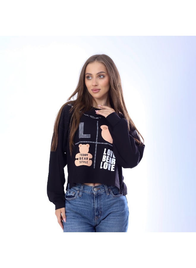 بيبو تيشيرت حريمي مطبوع اكمام طويلة مقاس حر يناسب من 60 إلى 85 كجم تقريبا_اسود - Image 1