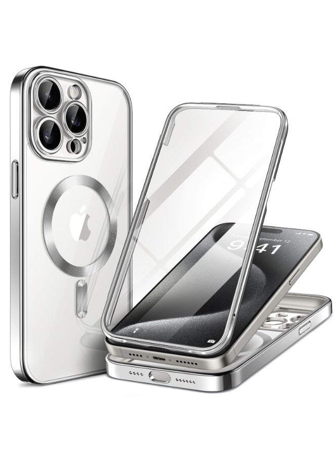 بيرفي جراب مغناطيسي لهاتف iPhone 15 Pro Max، متوافق مع Magsafe، واقي شاشة مدمج من الزجاج المقوى 9H وحماية كاملة للكاميرا، جراب هاتف مقاوم للصدمات مطلي بالكامل لهاتف 15 Pro Max، فضي - Image 1