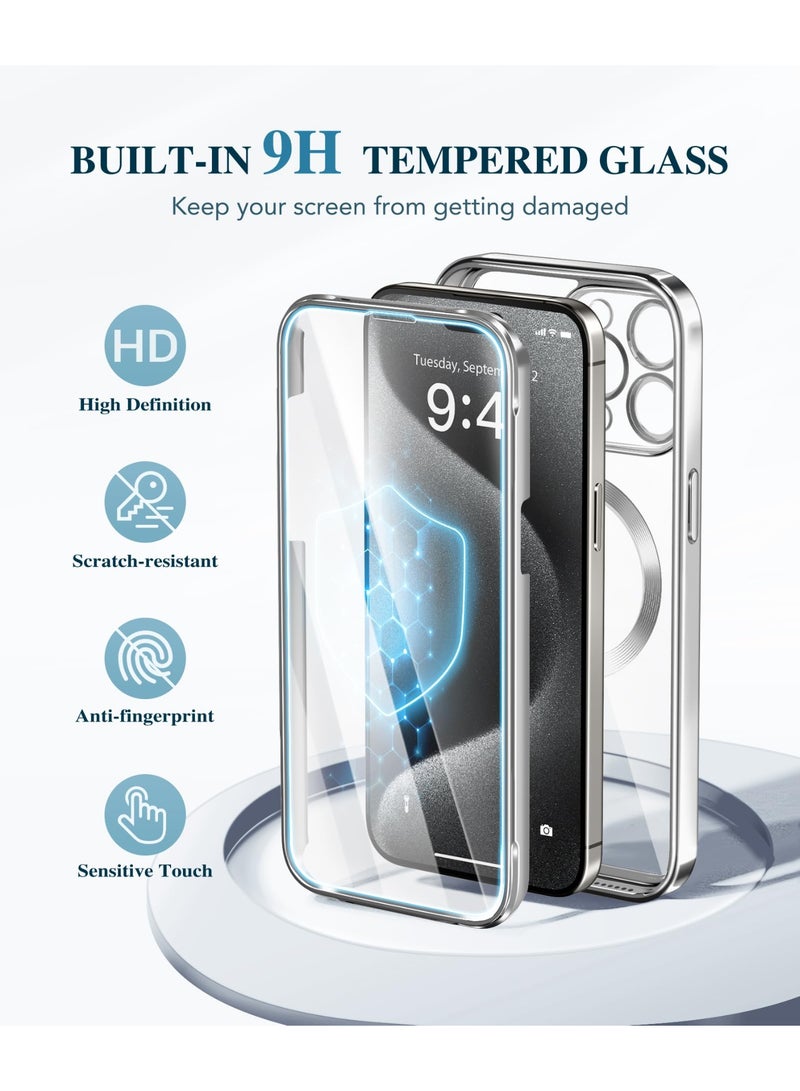 بيرفي جراب مغناطيسي لهاتف iPhone 15 Pro Max، متوافق مع Magsafe، واقي شاشة مدمج من الزجاج المقوى 9H وحماية كاملة للكاميرا، جراب هاتف مقاوم للصدمات مطلي بالكامل لهاتف 15 Pro Max، فضي - Image 4