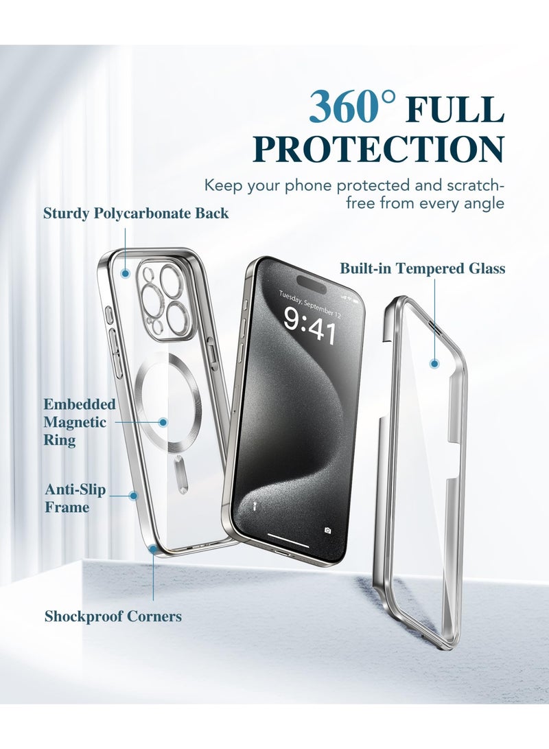 بيرفي جراب مغناطيسي لهاتف iPhone 15 Pro Max، متوافق مع Magsafe، واقي شاشة مدمج من الزجاج المقوى 9H وحماية كاملة للكاميرا، جراب هاتف مقاوم للصدمات مطلي بالكامل لهاتف 15 Pro Max، فضي - Image 2