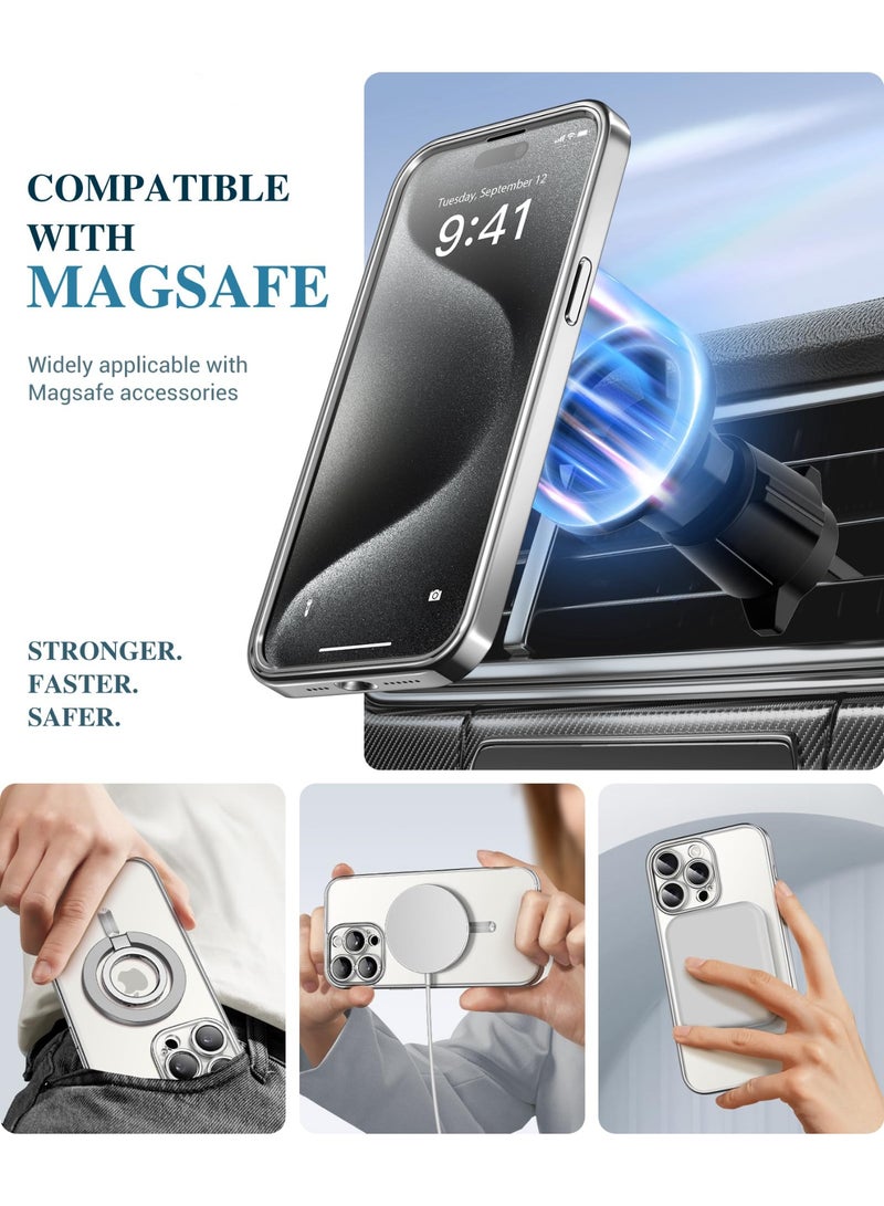 بيرفي جراب مغناطيسي لهاتف iPhone 15 Pro Max، متوافق مع Magsafe، واقي شاشة مدمج من الزجاج المقوى 9H وحماية كاملة للكاميرا، جراب هاتف مقاوم للصدمات مطلي بالكامل لهاتف 15 Pro Max، فضي - Image 5