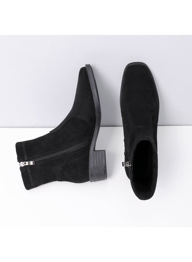 Suede Boots Women's Short Boots   And Winter Thick Heel Medium Heel Slim Boots Black Side Zipper Fleece-lined Women's Boots