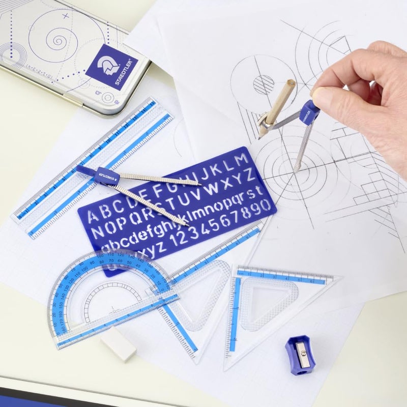 STAEDTLER 10-Piece Math Set with Metal Compass, 6" Ruler & Triangle Squares, 45Â° & 30/60Â° Set Squares, Alphabet Stencil - Measuring Tools - Image 3