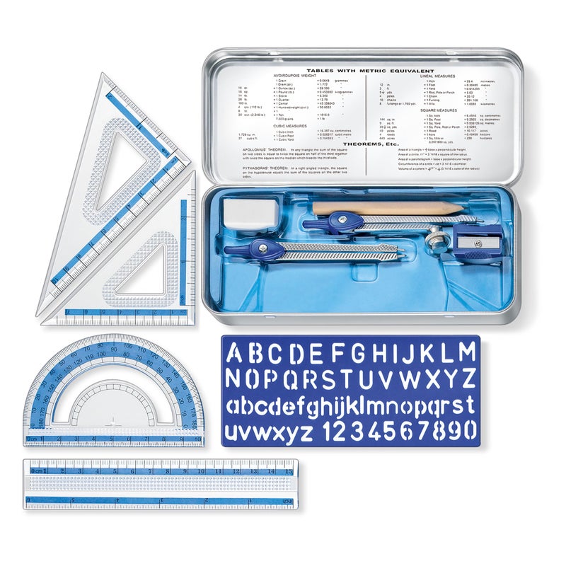 STAEDTLER 10-Piece Math Set with Metal Compass, 6" Ruler & Triangle Squares, 45Â° & 30/60Â° Set Squares, Alphabet Stencil - Measuring Tools - Image 1