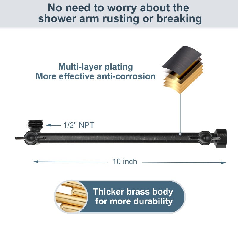 BRIGHT SHOWERS Brass Shower Head Extension Arm for Rain and Handheld Shower Head, 10 Inch Universal Shower Arm Extender, Height & Angle Adjustable, Oil-Rubbed Bronze - Image 2