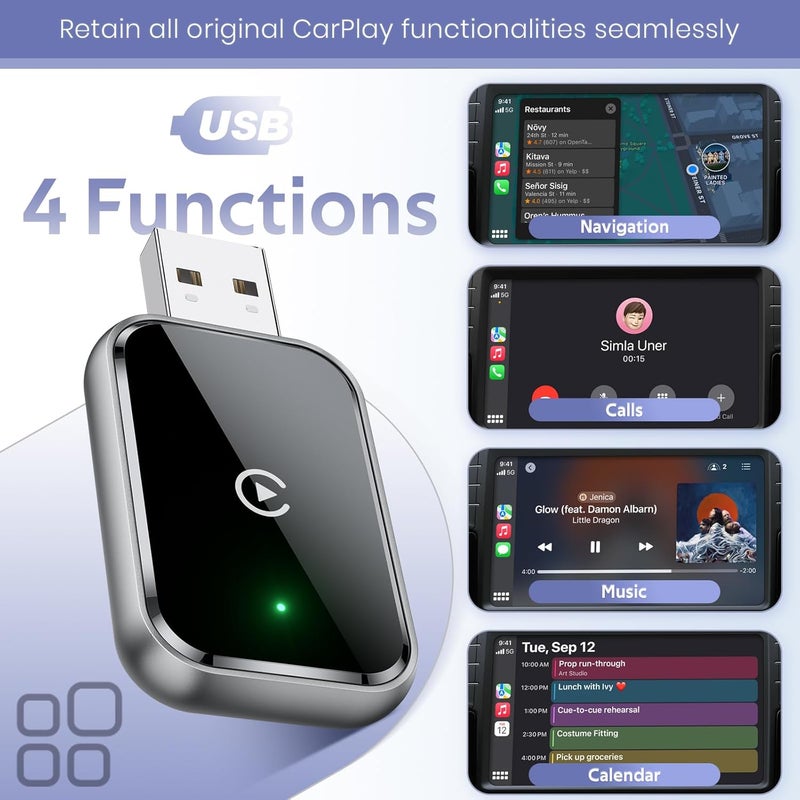 هامبى  محول CarPlay اللاسلكي لـ iPhone,تحويل السلكية إلى محول CarPlay اللاسلكي Apple,حجم صغير مع كابل تمديد USB  USB-C / Type-C,تحكم مستقر ولا تأخير,أسود - Image 5