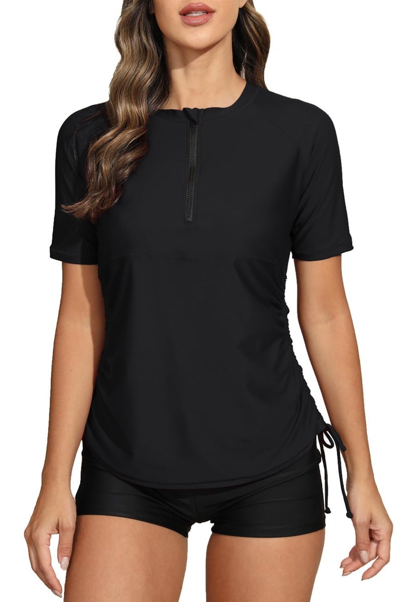 Halcurt Women's Half Zip Short Sleeve Rash Guard Swimsuit Top Ruched Swim Shirt UPF50+ Quick Dry Bathing Suit Black XL - Image 1