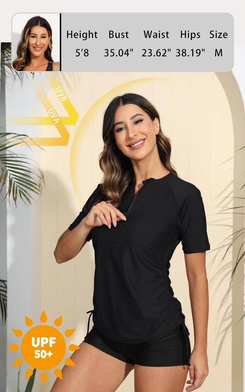 Halcurt Women's Half Zip Short Sleeve Rash Guard Swimsuit Top Ruched Swim Shirt UPF50+ Quick Dry Bathing Suit Black XL - Image 3