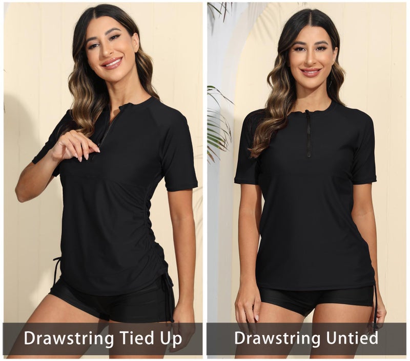 Halcurt Women's Half Zip Short Sleeve Rash Guard Swimsuit Top Ruched Swim Shirt UPF50+ Quick Dry Bathing Suit Black XL - Image 2