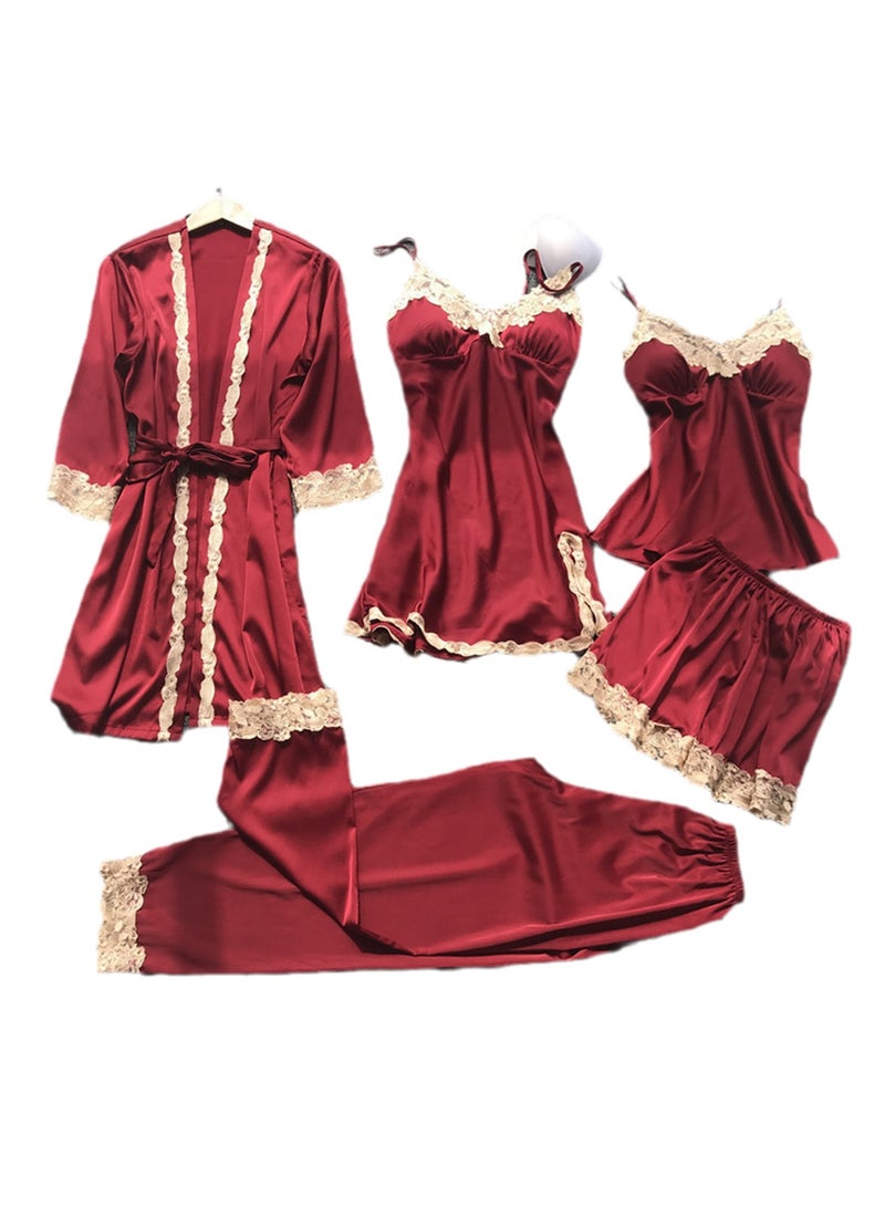 5pcs Ice Silk Pajamas Thin Lace Suspender Long Sleeve Pajama Set  - Image 1