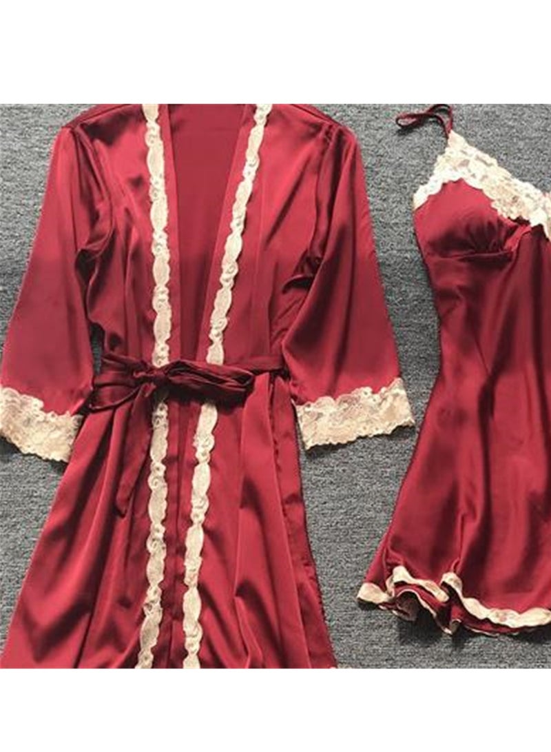5pcs Ice Silk Pajamas Thin Lace Suspender Long Sleeve Pajama Set  - Image 3