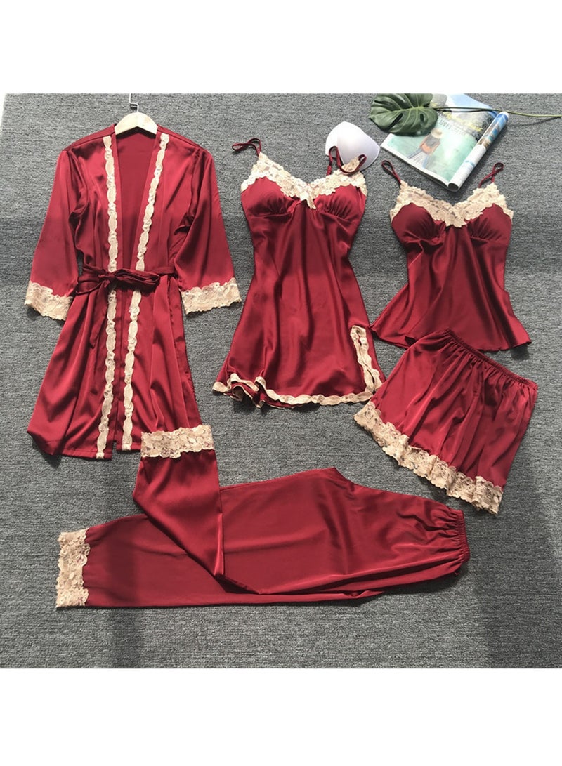 5pcs Ice Silk Pajamas Thin Lace Suspender Long Sleeve Pajama Set  - Image 2