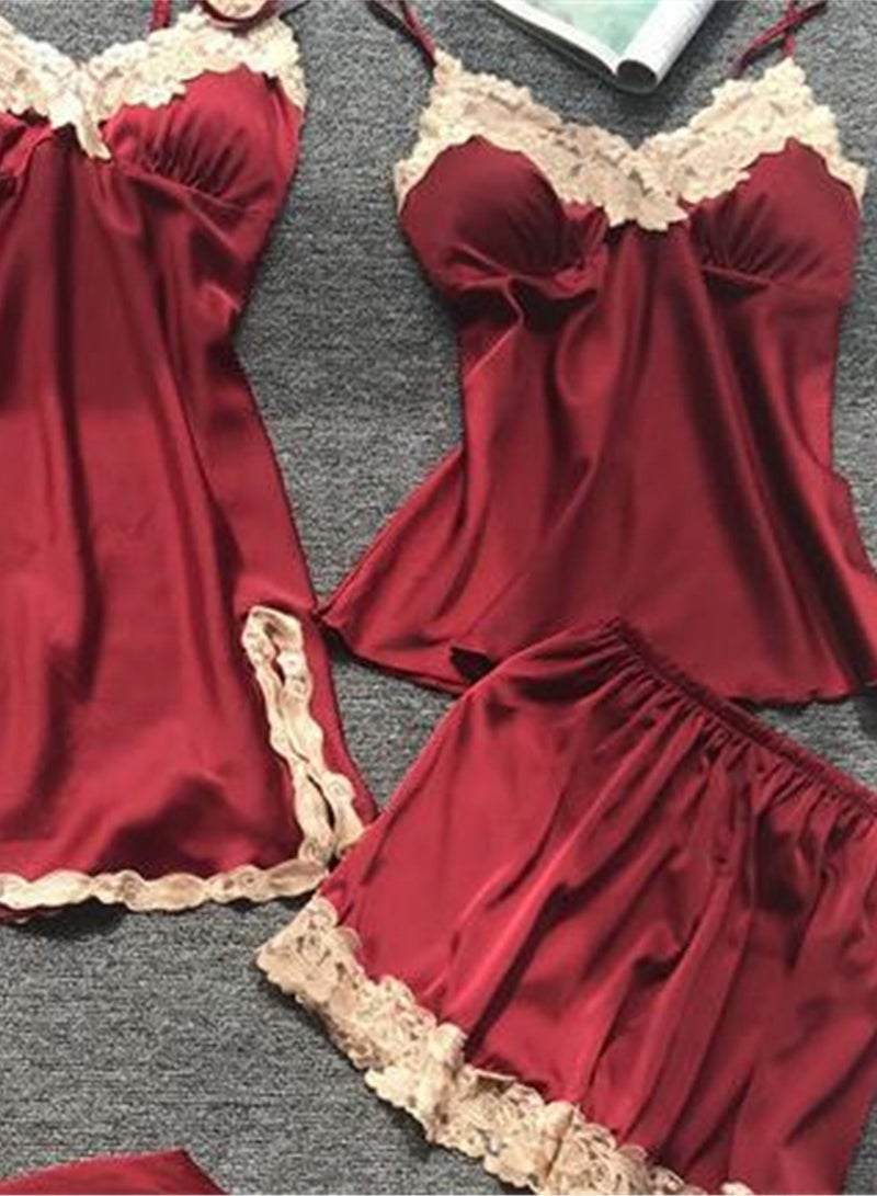 5pcs Ice Silk Pajamas Thin Lace Suspender Long Sleeve Pajama Set  - Image 4