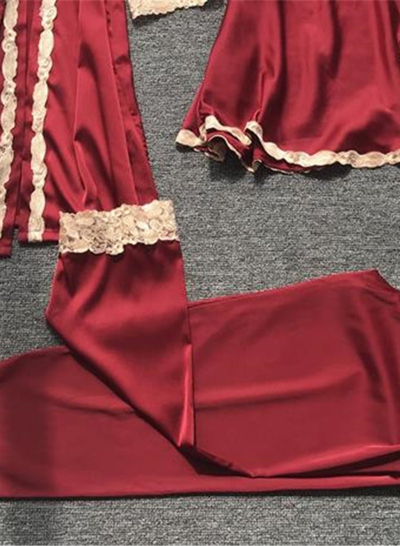 5pcs Ice Silk Pajamas Thin Lace Suspender Long Sleeve Pajama Set  - Image 5