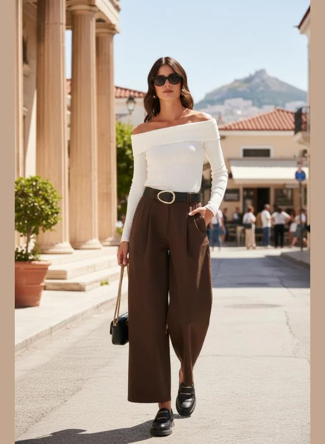 ليلا بنطلون نسائي واسع الساق بخصر عالٍ وحزام