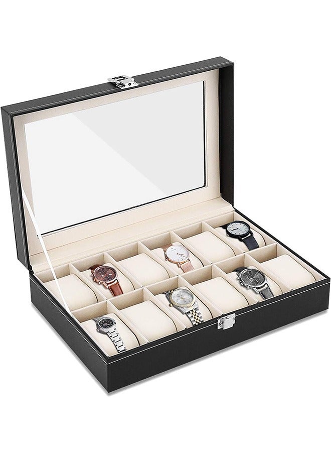 رولستيمي مجوهرات عرض بو الجلود 12 شبكات فتحة الزجاج الأسود ووتش صناديق - Image 1