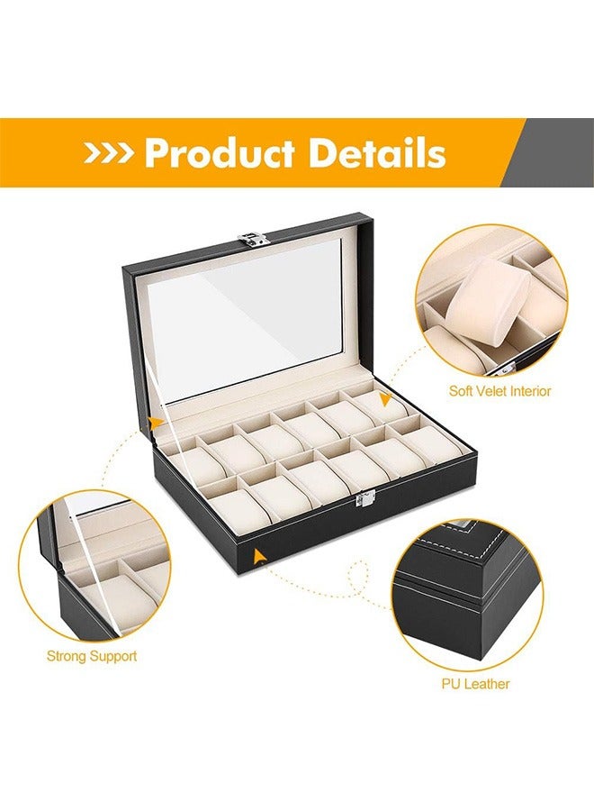 رولستيمي مجوهرات عرض بو الجلود 12 شبكات فتحة الزجاج الأسود ووتش صناديق - Image 4