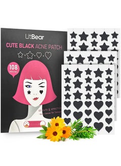 Acne Patch Pimple Patch, Black Star & Heart Shaped Acne Absorbing Cover Patch, Hydrocolloid Acne Patches For Face Zit Patch Pimple Sticker Acne Dots, Tea Tree Oil + Centella (108 Count)
