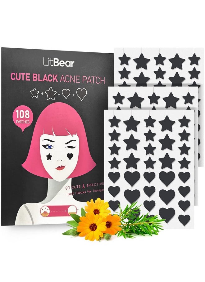 LitBear - Acne Patch Pimple Patch, Black Star & Heart Shaped Acne Absorbing Cover Patch, Hydrocolloid Acne Patches For Face Zit Patch Pimple Sticker Acne Dots, Tea Tree Oil + Centella (108 Count) - Image 1