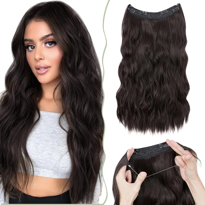 SEGO Invisible Wire In Hair Extensions With Adjustable Transparent Wire 4 Secure Clips Long Wavy Secret Hairpiece 20 Inch Dark Brown