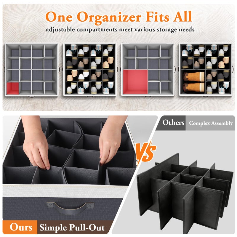 StoreHappily Shoe Organizer for Closet - 2 Packs Hold up to 32 Pairs, Large Shoe Storage Organizer Containers with Adjustable Dividers, Clear Cover, Leather Handles for Heels, Boots, Sneakers (Gray) - Image 3