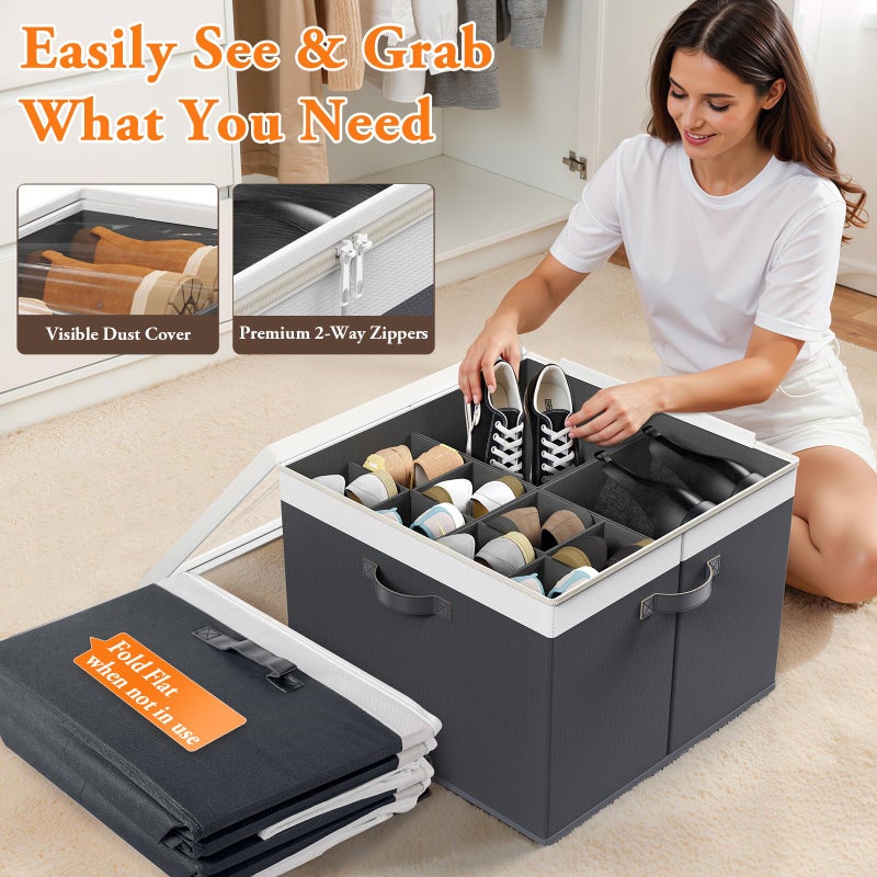StoreHappily Shoe Organizer for Closet - 2 Packs Hold up to 32 Pairs, Large Shoe Storage Organizer Containers with Adjustable Dividers, Clear Cover, Leather Handles for Heels, Boots, Sneakers (Gray) - Image 2