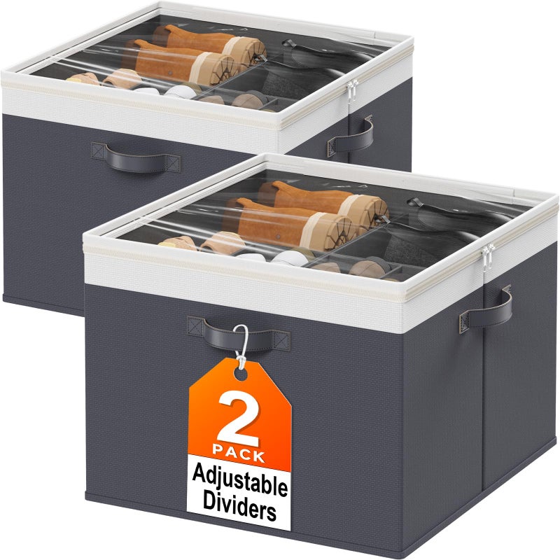 StoreHappily Shoe Organizer for Closet - 2 Packs Hold up to 32 Pairs, Large Shoe Storage Organizer Containers with Adjustable Dividers, Clear Cover, Leather Handles for Heels, Boots, Sneakers (Gray) - Image 1