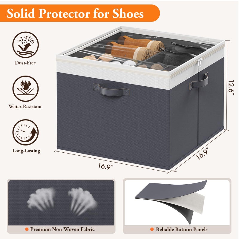 StoreHappily Shoe Organizer for Closet - 2 Packs Hold up to 32 Pairs, Large Shoe Storage Organizer Containers with Adjustable Dividers, Clear Cover, Leather Handles for Heels, Boots, Sneakers (Gray) - Image 5
