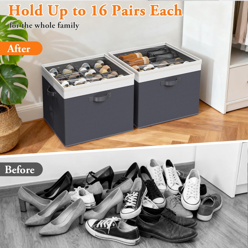 StoreHappily Shoe Organizer for Closet - 2 Packs Hold up to 32 Pairs, Large Shoe Storage Organizer Containers with Adjustable Dividers, Clear Cover, Leather Handles for Heels, Boots, Sneakers (Gray) - Image 4