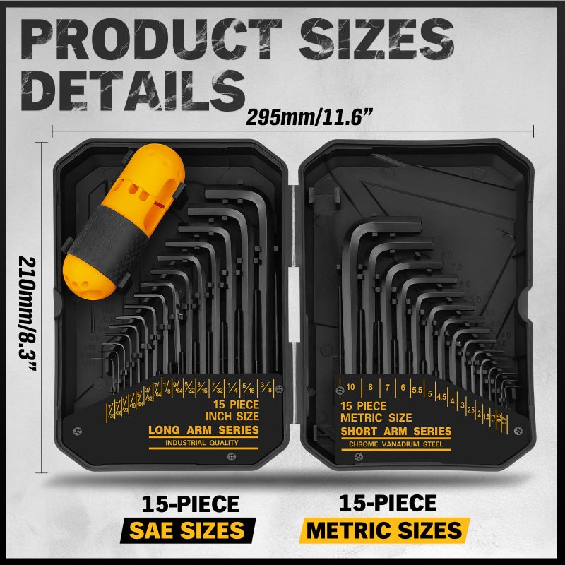 ELEAD مجموعة مفاتيح سداسية ELEAD 31 قطعة - مجموعة مفاتيح ألين، مفاتيح ألين SAE وميترية MM(0.7mm-10mm) SAE(0.028"-3/8) معالجة حرارياً، مقبض عزم، قوة رفع عالية، مفاتيح طويلة وقصيرة، تنظيم سهل - Image 2