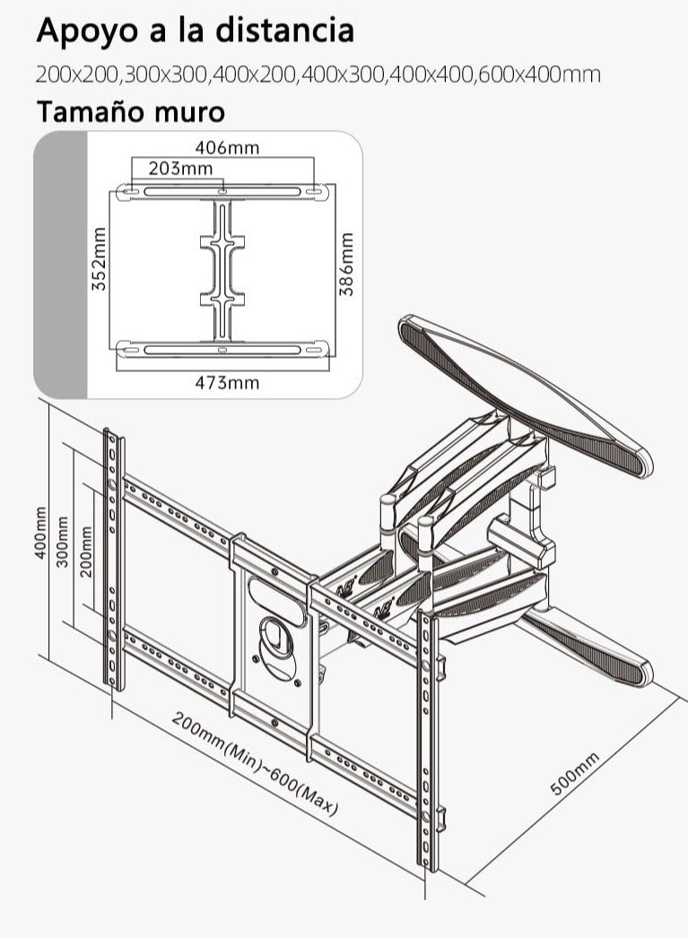 أن بي نورث بايو حامل أن بي نورث بايوP65 للشاشات من 40 - 85 بوصة بحد اقصى 68.2 كجم من نورث بايو - تصميم يثبت على الحائط بذراع مزدوج قابل للامالة والدوران - 600 × 400 ملم - NB-P65 - Image 2