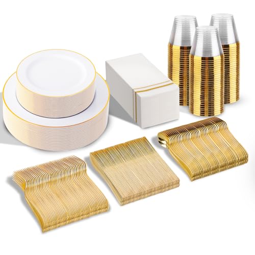 SUT 350 PCS Elegant White and Gold Disposable Dinnerware Set - Premium Dinner & Salad Plates, Cups, Napkins & Cutlery for 50 Guests - All-Inclusive Party Plastic Plates - Image 1
