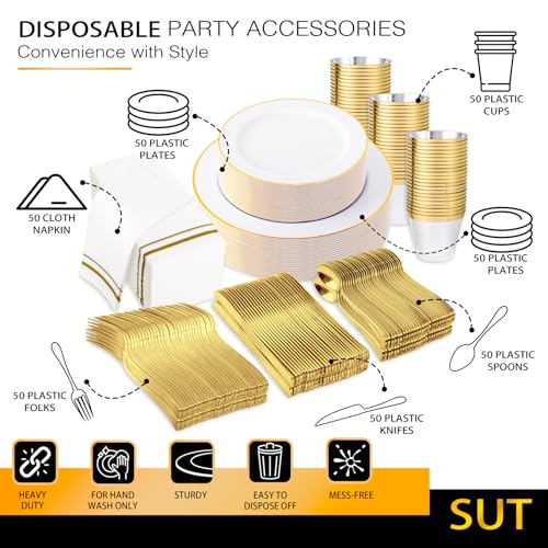 SUT 350 PCS Elegant White and Gold Disposable Dinnerware Set - Premium Dinner & Salad Plates, Cups, Napkins & Cutlery for 50 Guests - All-Inclusive Party Plastic Plates - Image 5