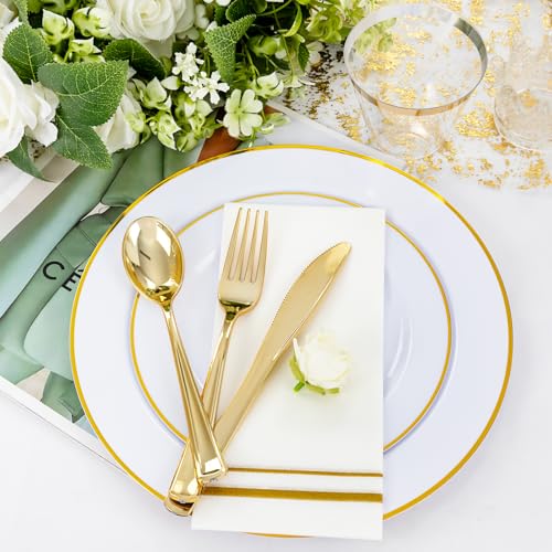 SUT 350 PCS Elegant White and Gold Disposable Dinnerware Set - Premium Dinner & Salad Plates, Cups, Napkins & Cutlery for 50 Guests - All-Inclusive Party Plastic Plates - Image 3
