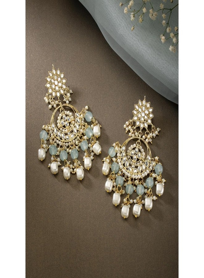 Peora Kundan Pearl Gold Plated Floral Sky Blue Chandbali Earrings for Women Long Danglers - Image 2