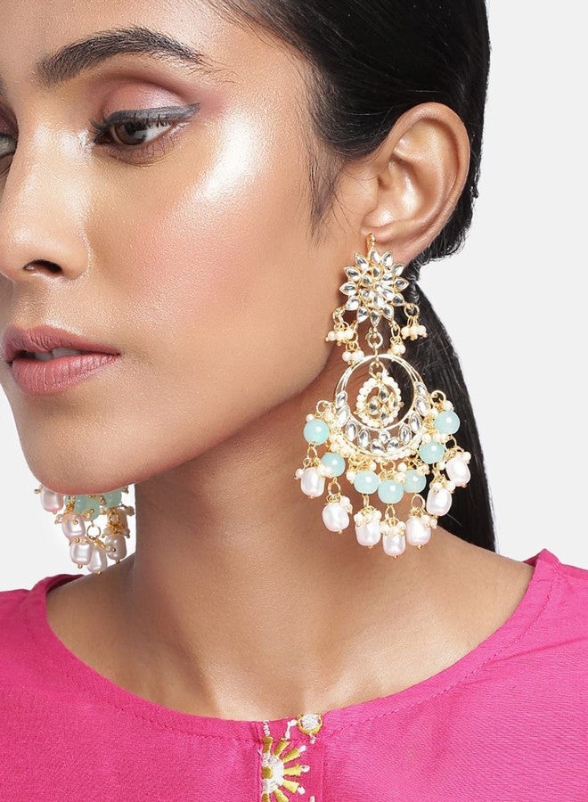 Peora Kundan Pearl Gold Plated Floral Sky Blue Chandbali Earrings for Women Long Danglers - Image 5