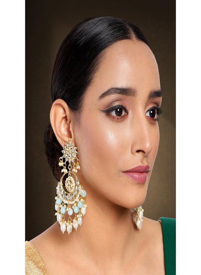 Peora Kundan Pearl Gold Plated Floral Sky Blue Chandbali Earrings for Women Long Danglers - Image 3