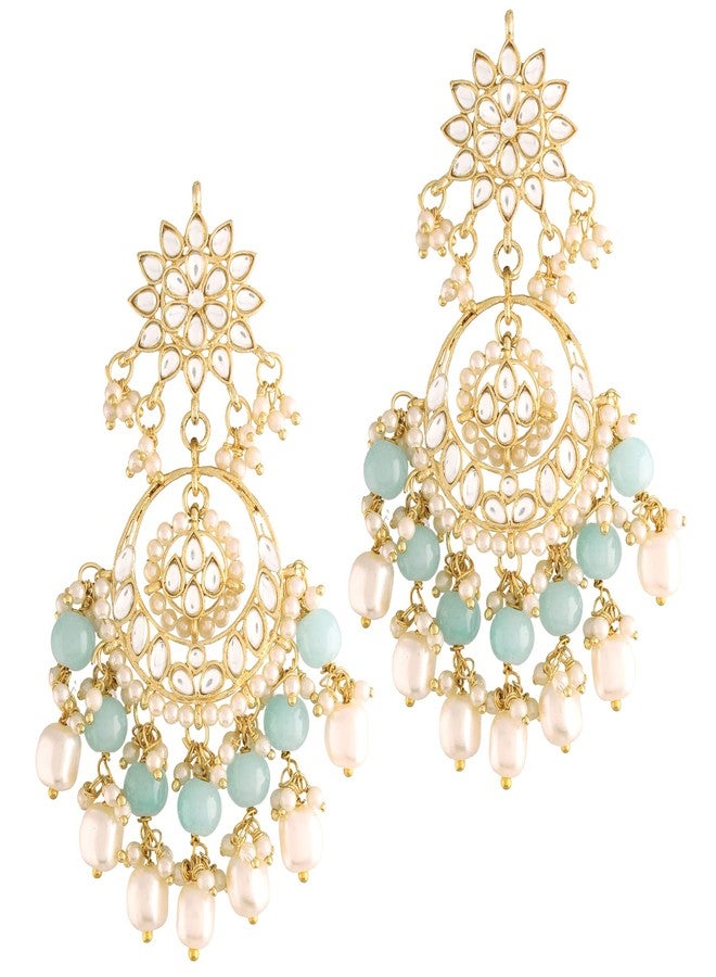 Peora Kundan Pearl Gold Plated Floral Sky Blue Chandbali Earrings for Women Long Danglers - Image 1