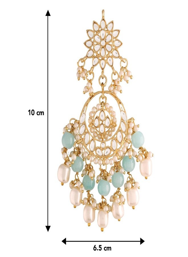 Peora Kundan Pearl Gold Plated Floral Sky Blue Chandbali Earrings for Women Long Danglers - Image 4