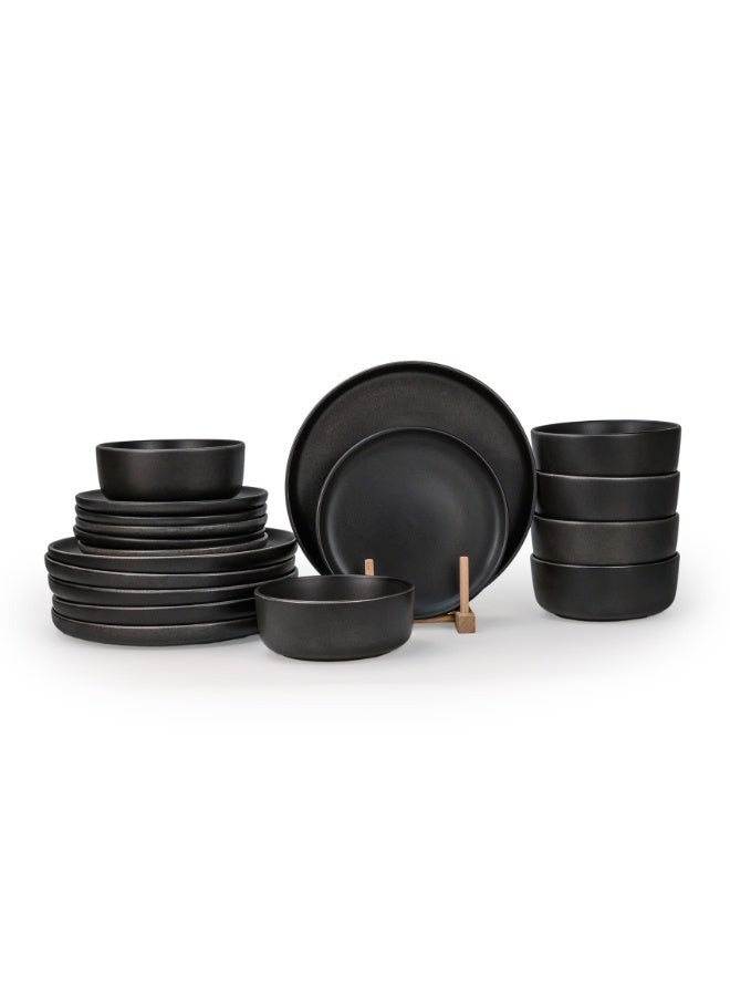 Shallow Stoneware KIA 18 PC Dinner Set, Black | Dinnerware Set for 6 People, 6 Dinner Plates 6 Side Plates 6 Bowls Lightweight Stackable Dining Modern Tableware for Home Dining - Image 1