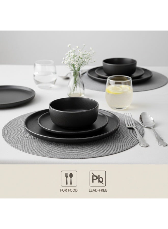 Shallow Stoneware KIA 18 PC Dinner Set, Black | Dinnerware Set for 6 People, 6 Dinner Plates 6 Side Plates 6 Bowls Lightweight Stackable Dining Modern Tableware for Home Dining - Image 2