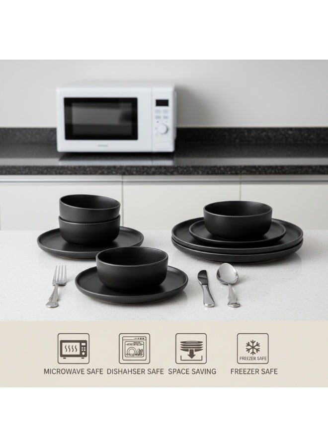 Shallow Stoneware KIA 18 PC Dinner Set, Black | Dinnerware Set for 6 People, 6 Dinner Plates 6 Side Plates 6 Bowls Lightweight Stackable Dining Modern Tableware for Home Dining - Image 3