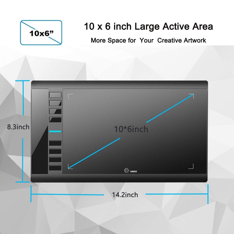 Ugee Graphics Drawing Tablet, UGEE M708 10 x 6 inch Large Drawing Tablet with 8 Hot Keys, Passive Stylus of 8192 Levels Pressure, UGEE M708 Graphics Tablet for Paint, Design, Art Creation Sketch Black - Image 2