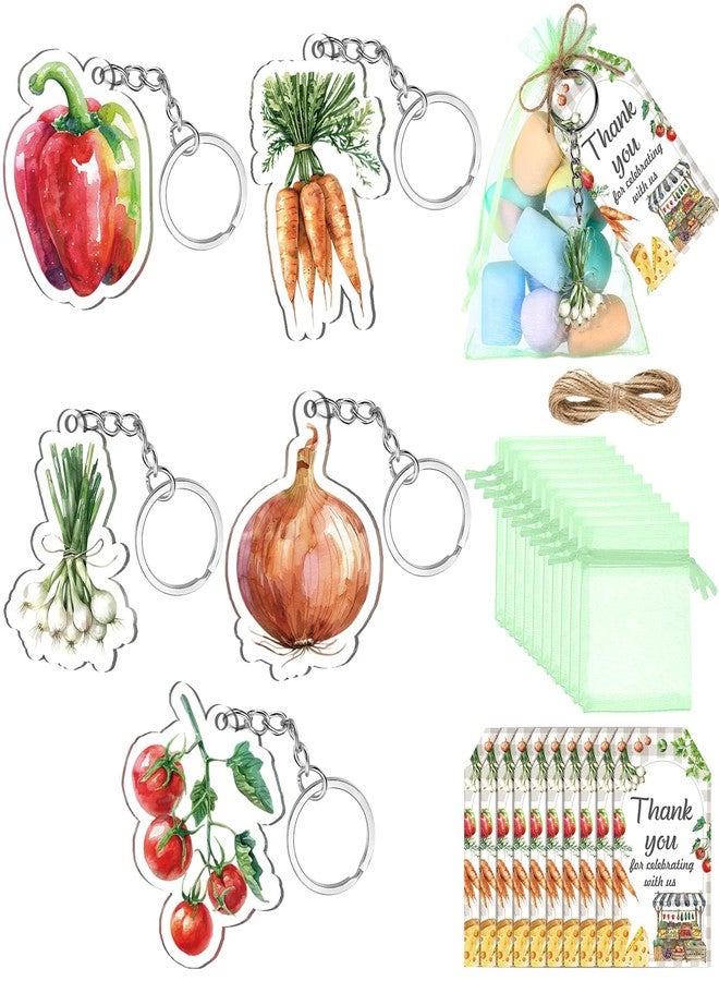 Equsion 150 Pcs Locally Grown Farmers Market Baby Shower Party Favors Bulk, 50 Farmers Vegetable Keychain with 50 Green Organza Bags Thank You Kraft Tags and Rope Vegetable Farmer Theme Party Supplies - Image 1