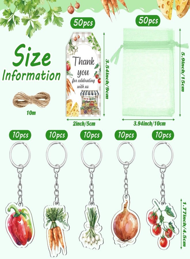 Equsion 150 Pcs Locally Grown Farmers Market Baby Shower Party Favors Bulk, 50 Farmers Vegetable Keychain with 50 Green Organza Bags Thank You Kraft Tags and Rope Vegetable Farmer Theme Party Supplies - Image 2