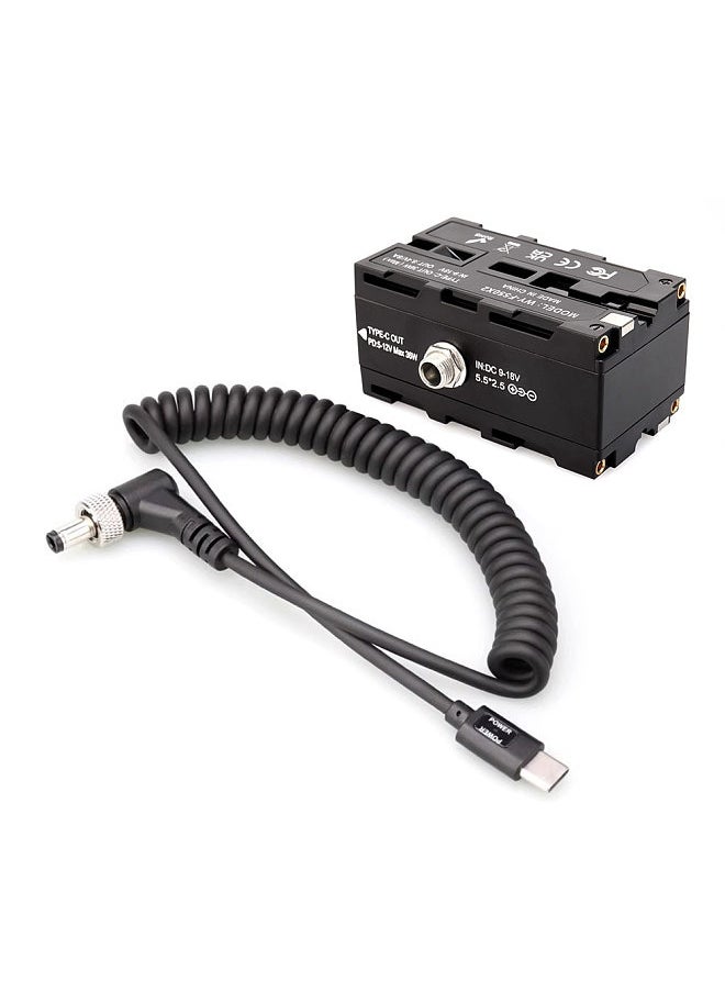 Generic Type-C to Double-Sided NP-F550/570/770/970 Dummy Battery Power Adapter with 5-12V Type-C Output Flexible Spring Cable for Field Monitor LED Light Wireless Video Transmission  - Image 1