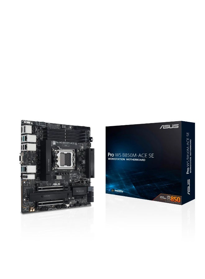 Pro WS B850M-ACE SE Workstation Motherboard, AMD AM5, B850 Chipset, Micro-ATX, 4× DDR5 8000+ (ECC Support), PCIe 5.0 x16, Dual PCIe 5.0 M.2, U.2 & MCIO, 10Gb + 2.5Gb LAN, Built-in BMC/IPMI, Black | 90MB1MN0-M0EAY0