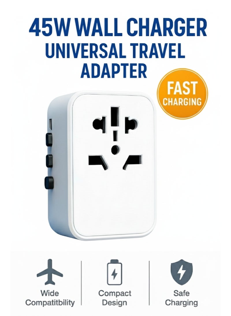 محول USB عالمي للمقابس الكهربائية | شاحن حائط سريع عالمي | محول سفر عالمي USB من النوع C | شحن سريع PD بقوة 45 واط - Image 1