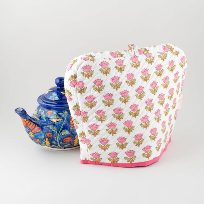 EYAAS LIVE LIFE Eyaas Hand Block Printed Cotton Quilted Tea Cozy Tea Pot Cover Kettle Warmer Kitchen Accessories Table Setting Gifts for Tea Lovers 9 x 115 inches Pink White  - Image 3